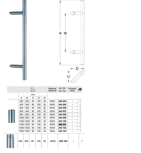 Schuco 240104-  L500 mm S.Steel Angled W Grv Pull Door Handle